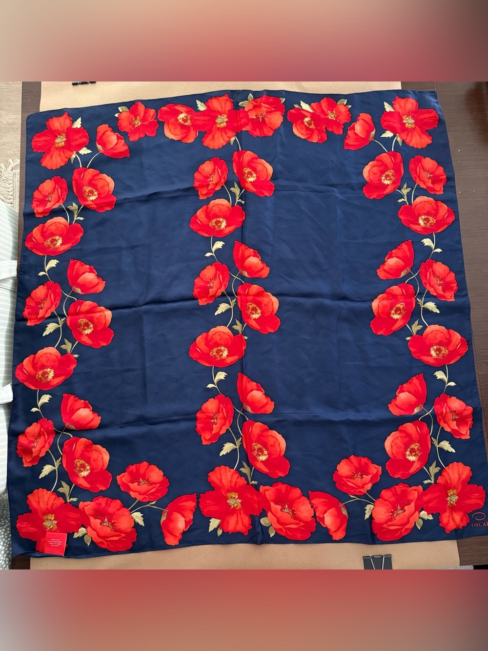 Oscar de la Renta Navy Silk Scarf with Poppy Border